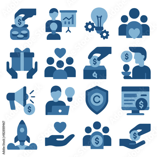 Icons for Business and Finance: A collection of meticulously crafted icons represents various aspects of finance and business. From contributions to idea sharing.