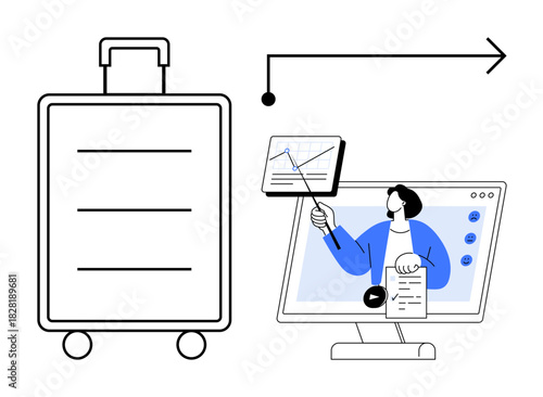 Business travel. Business travel depiction with a suitcase, online presentation, and upward arrow. Business travel linking remote work and corporate learning. Ideal for training, logistics