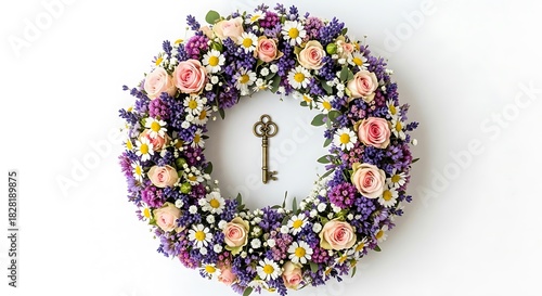 Intricate floral wreath adornment featuring an antique key centerpiece