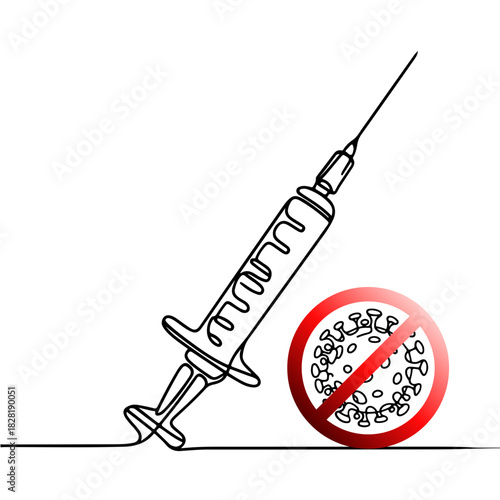 Syringe with virus symbol single line illustration