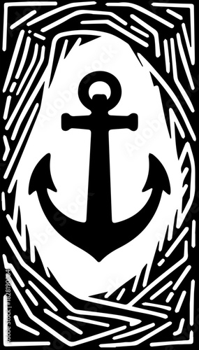 Black and white illustration of the sea anchor logo on an abstract background. Vector graphics. EPS.