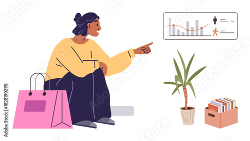 Woman pointing at analytics chart with graphs and figures. Nearby are a potted plant, a pink shopping bag, and an organized file box. Ideal for business analysis, teamwork, office productivity