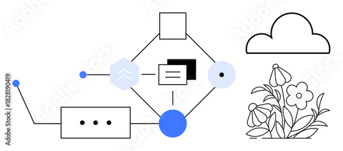 Abstract geometric shapes linked in a process diagram, highlighting technology and connectivity. Includes a cloud and flowers for balance. Ideal for innovation, growth, workflow, nature, systems