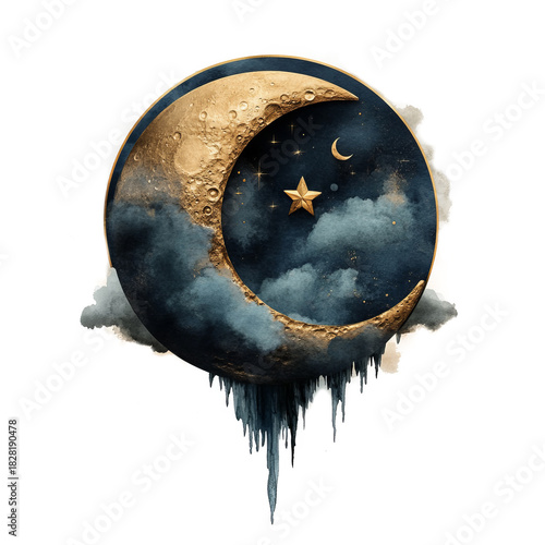 Watercolor illustration featuring celestial moon clipart in blue and gold colors 