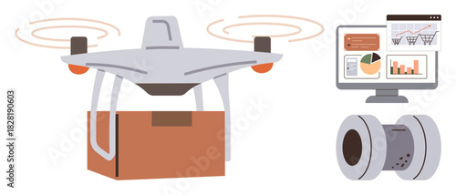 Delivery quadcopter carrying package, monitor displaying data analytics, and an advanced AI camera. Ideal for logistics, e-commerce, technology, automation, AI, innovation smart delivery concepts