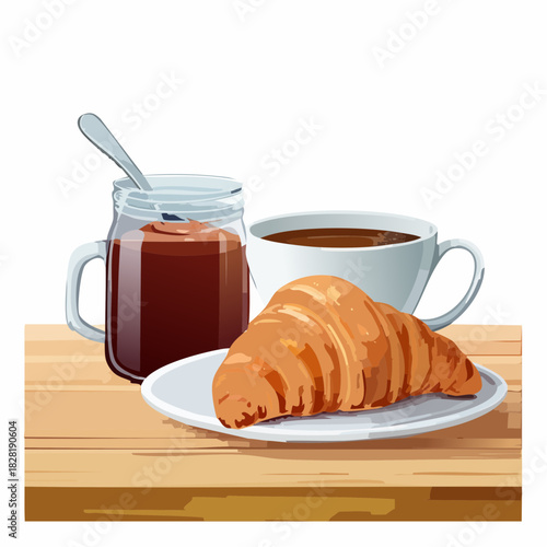 Breakfast with croissant and coffee on a wooden table.