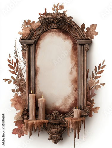 Watercolor ornate framed mirror with candles
