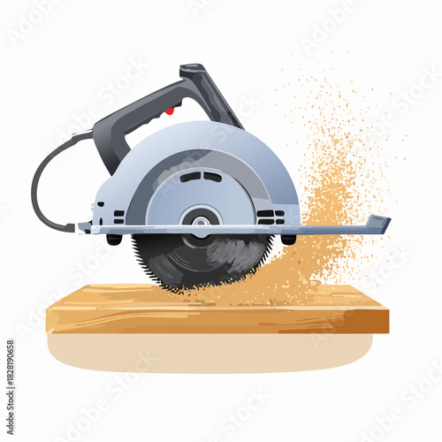 Electric circular saw cutting a wooden plank illustration.