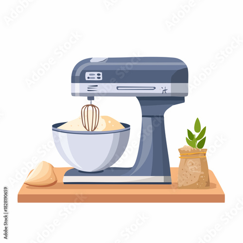 Electric stand mixer with bowl for baking process.