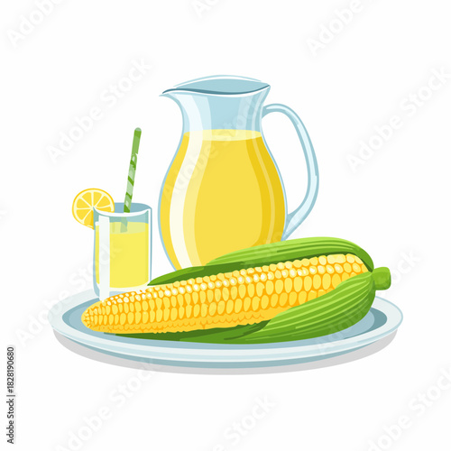 Fresh sweetcorn on a plate with a pitcher of corn juice.