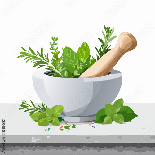 Fresh green herbs in a white ceramic mortar with pestle.