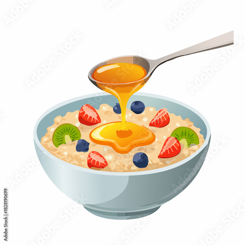 Healthy breakfast oatmeal with fresh berries and honey.