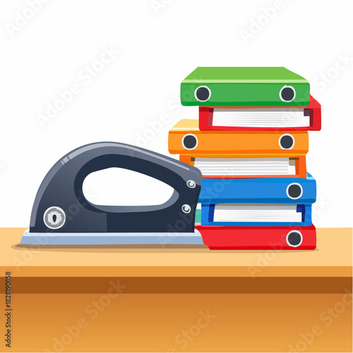 Office supplies with hole puncher and colorful binders on a desk.