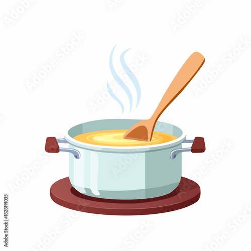 Steaming pot of hot soup with a wooden spoon.