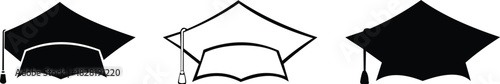 Icon of a graduation cap, available in line, glyph, outline, and filled vector versions, representing an academic cap in linear and full pictogram styles, serving as an education symbol and logo