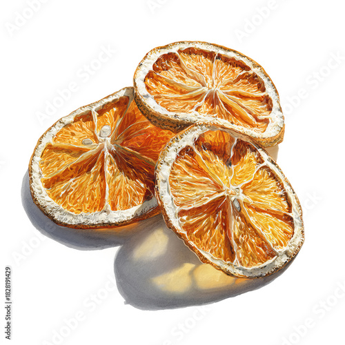 Watercolor illustration of three dried orange slices on white background