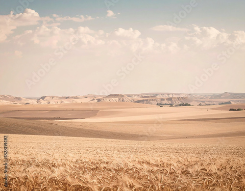 Wide serene rural landscape with golden wheat fields stretching across rolling farmland and distant soft hills under a pale sky, creating a calm, warm and expansive countryside atmosphere