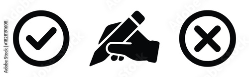 Vector icons set for voting and elections: cross in circle, checkmark in circle, and hand holding a pencil. Concept of choice, decision-making, and electoral process on transparent background.