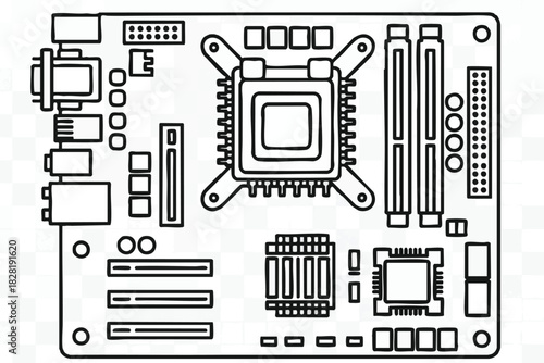 Detailed Line Art of a Computer Motherboard Diagram
