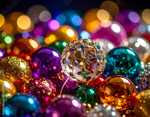 Colorful festive composition filled with vibrant reflective ornaments, sparkling surfaces and rich jewel tones, creating a lively seasonal atmosphere with intricate details and brilliant shimmering hi