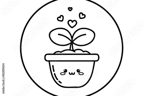 Simple Line Art of a Potted Plant with Hearts