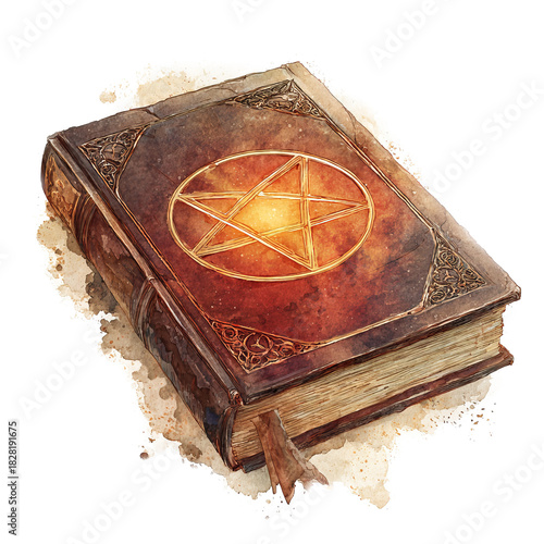  Watercolor clipart of grimoire with pentagram 