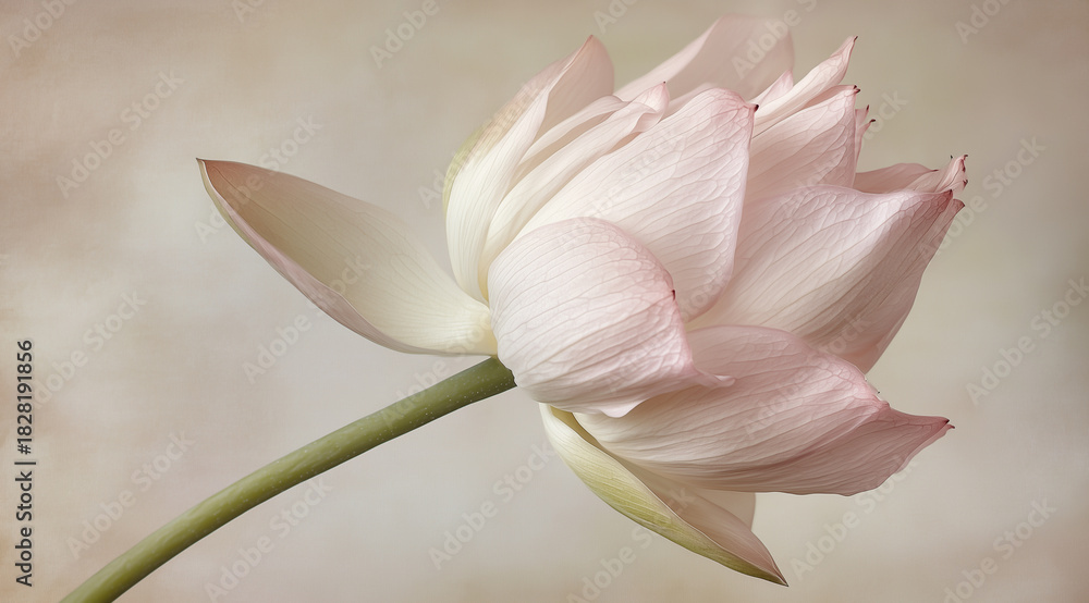 Obraz premium Single pale lotus bud against textured pastel background in soft light 