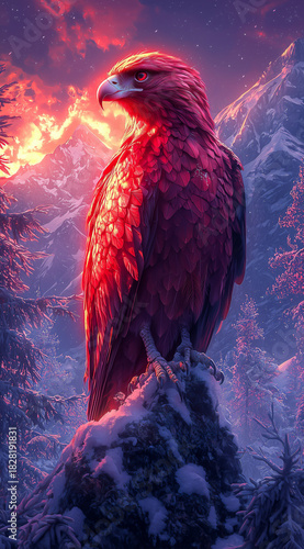 Crimson eagle perched on mountain peak with dramatic sky and glowing sunset
