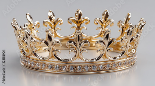 Elegant golden crown with diamonds on reflective white background
