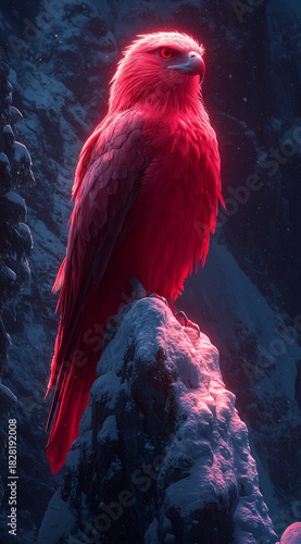 Crimson eagle perched on mountain peak with dramatic sky and glowing sunset
