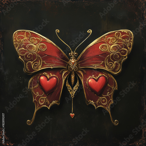 Fantasy butterfly with ornate red heart wings and golden baroque design

