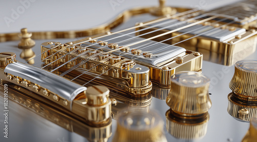 Close-up of luxury gold electric guitar with polished metal detailing
