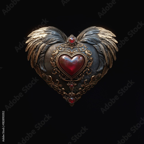 Golden heart with ruby core and wings, romantic emblem of love and freedom

