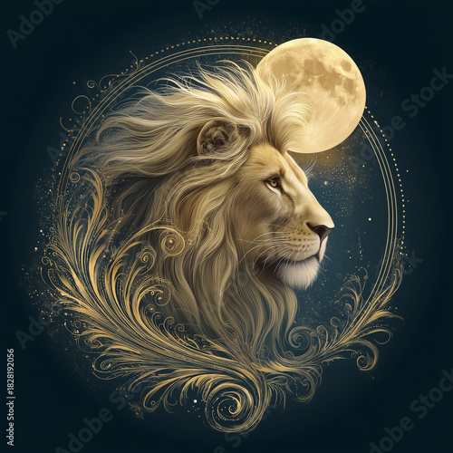 Majestic golden lion with flowing mane in celestial dreamscape illustration
