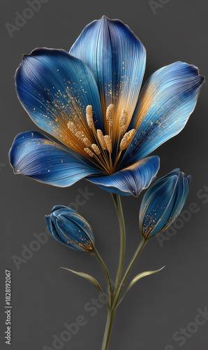 Elegant metallic blue flower with golden stamens on dark minimalist background
