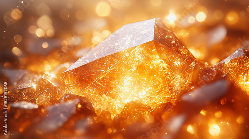Glowing orange crystal cluster radiating light in warm cinematic close-up
