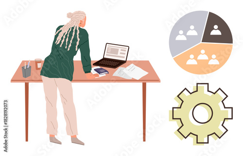 Person reviewing documents and laptop. Charts symbolize teamwork, books for research, gear for productivity. Ideal for planning, technology, teamwork, analytics, innovation productivity