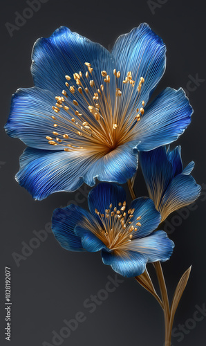 Elegant metallic blue flower with golden stamens on dark minimalist background

