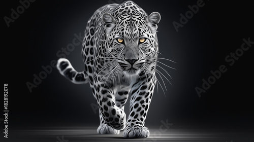 Realistic snow leopard walking forward with intense gaze on dark background
