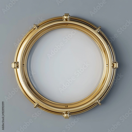 Round golden porthole frame with bolts on white background, 3D render
