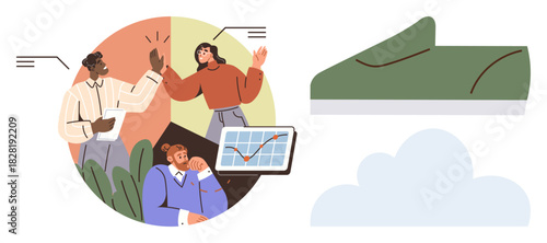 Team celebrating achievements with charts, sustainable shoe outline, and cloud icon. Ideal for teamwork, corporate growth, success, eco-friendliness, innovation analysis positivity. Simple flat