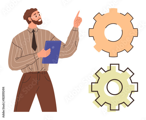 Bearded professional holding a clipboard, pointing while explaining two large gears. Ideal for teamwork, problem-solving, strategy, innovation, leadership, workflow and decision-making. Simple flat