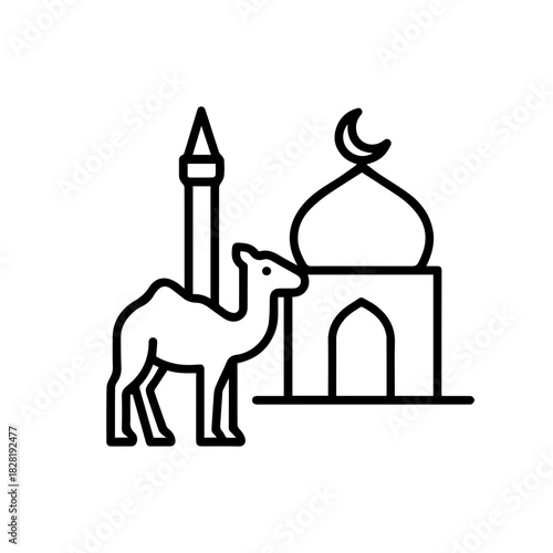 Camel near the mosque vector line icon on a white background Vector line icon on a white background