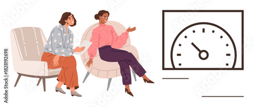 Two women seated in chairs converse while referencing a speedometer gauge. Ideal for teamwork, goal setting, performance review, strategy, progress tracking, business consultation, simple flat