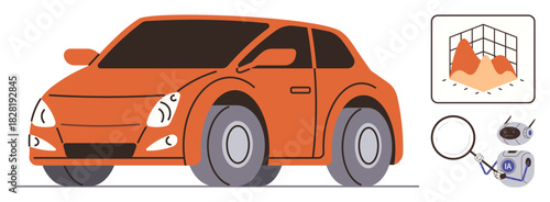 Compact car combined with magnifying glass, graph, and diagnostic device, representing automobile diagnostics, repair, vehicle performance, transportation, innovation, technology and monitoring in