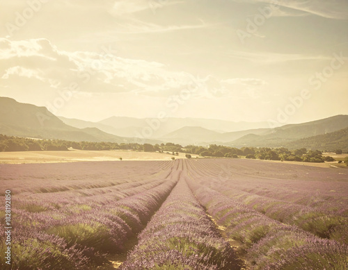 Sunlit lavender fields stretching toward distant hazy mountains under a warm summer sky, creating a tranquil rural landscape filled with soft colors, depth and a peaceful agricultural atmosphere
