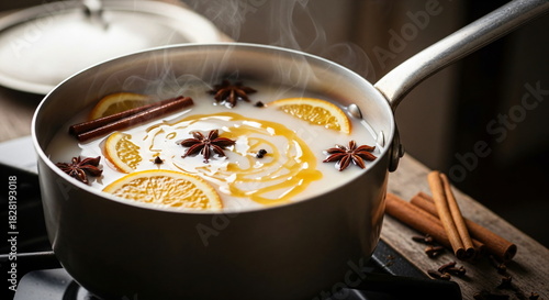 Honey being drizzled into a mug of warm milk with star anise, orange, and cinnamon sticks. Hot drink concept.