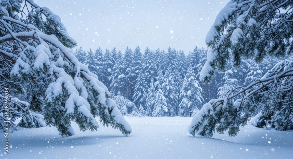 Fototapeta premium A serene winter landscape featuring snow-covered trees and a tranquil forest scene under a snowy sky.