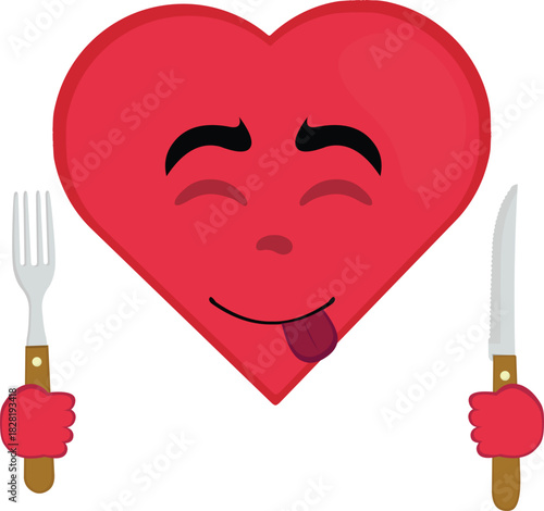 vector illustration emoticon character heart cartoon, an expression of yummy how delicious with a knife and fork in his hands