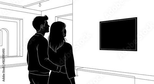 A couple viewing a blank black canvas in an art gallery with white walls and minimalist design elements silhouette